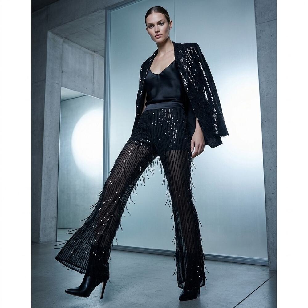 Sequin Flare Mesh Sheer Disco Pants Black Size XXL Party Festival Concert